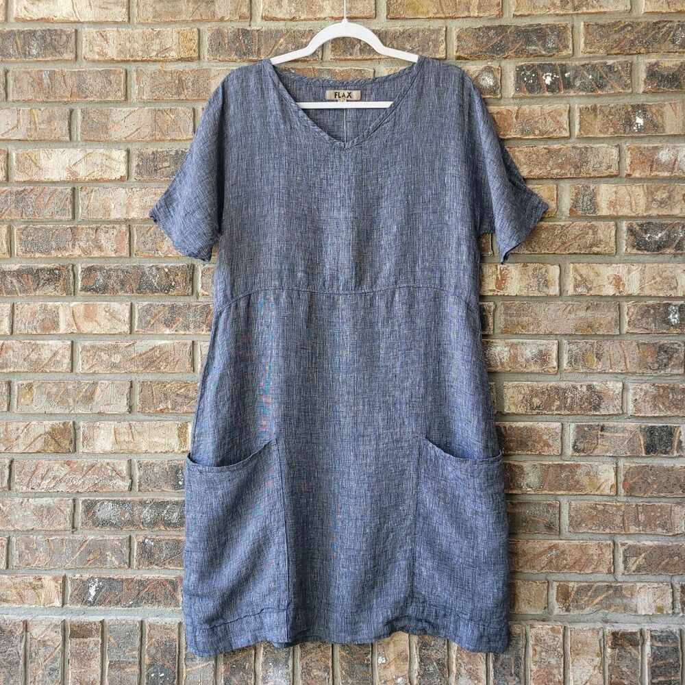 FLAX Designs Women's Size XS Linen S/S Beachcomber Dress Blue Pockets NEW